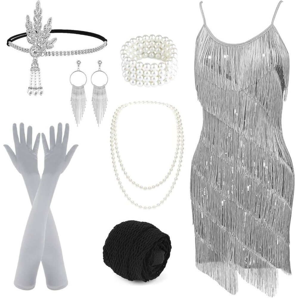Women's 1920s Gatsby Sequin Fringed Flapper Dress with Accessories for Party
